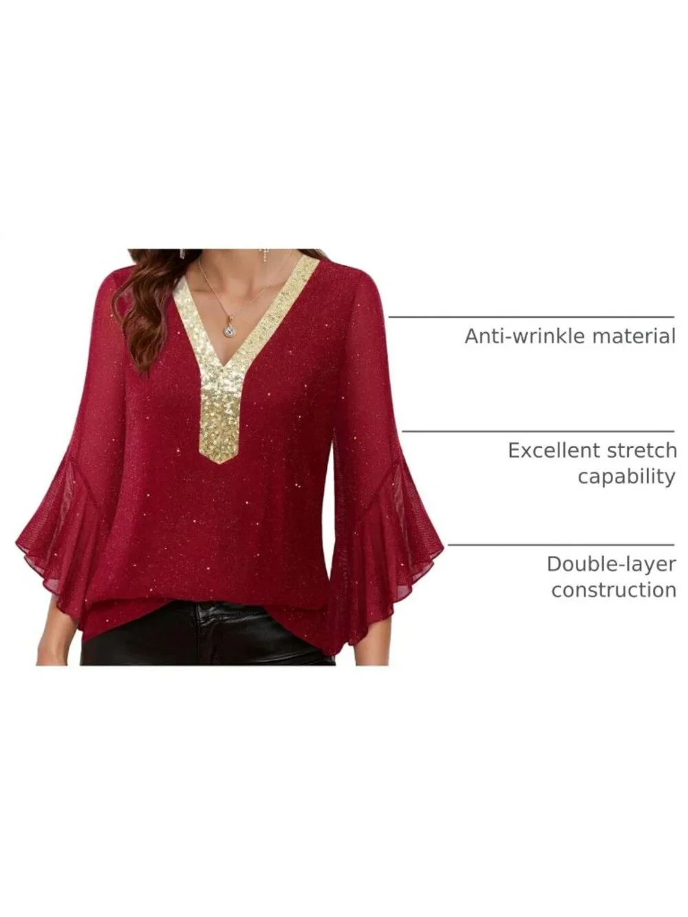 Ruffle 3/4 Sleeve Sparkly Sequin V Neck Blouse - Dressy Fall Top for Women